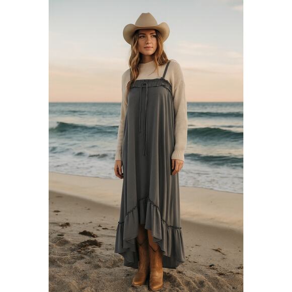 Three Bird Nest Layered Boho Coastal Cowgirl Flowy Ruffle Maxi Dress Gray S - Picture 1 of 8